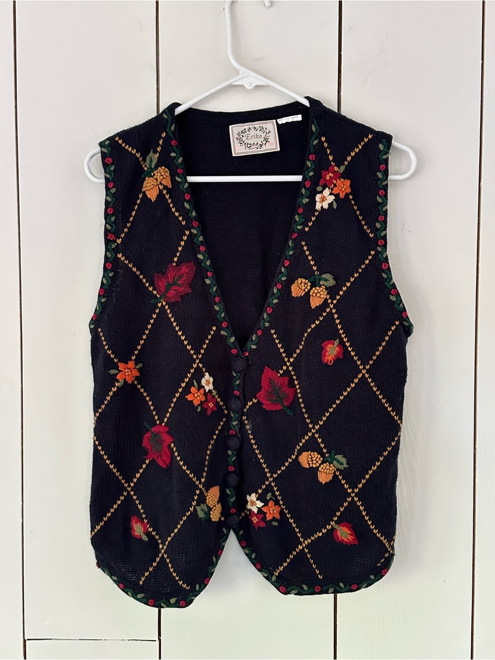 Vintage Erica Knit Sweater Vest Sz L Argyle Floral Embroidered Navy Multi